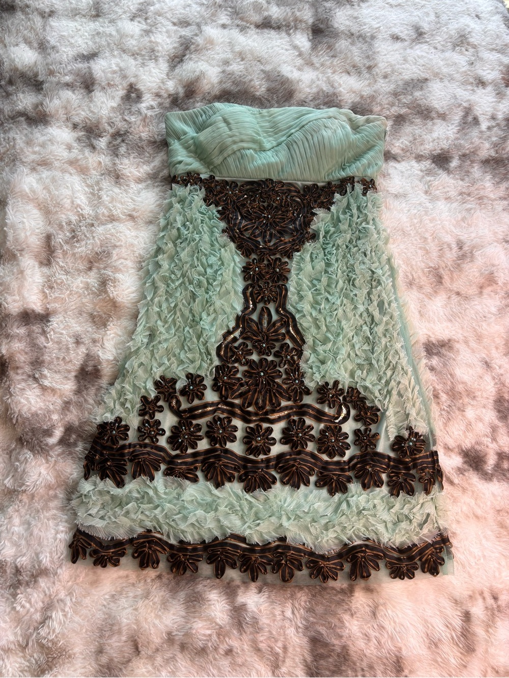 Rare Vintage Y2K Sue Wong Strapless Mint Green Dress with Brown Embellishment